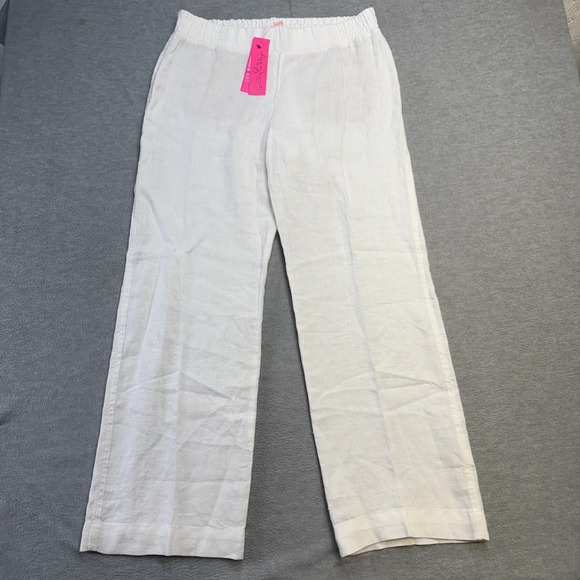 Lilly Pulitzer Pants Womens Large White Deri Linen Palazzo Wide Leg Beach NEW